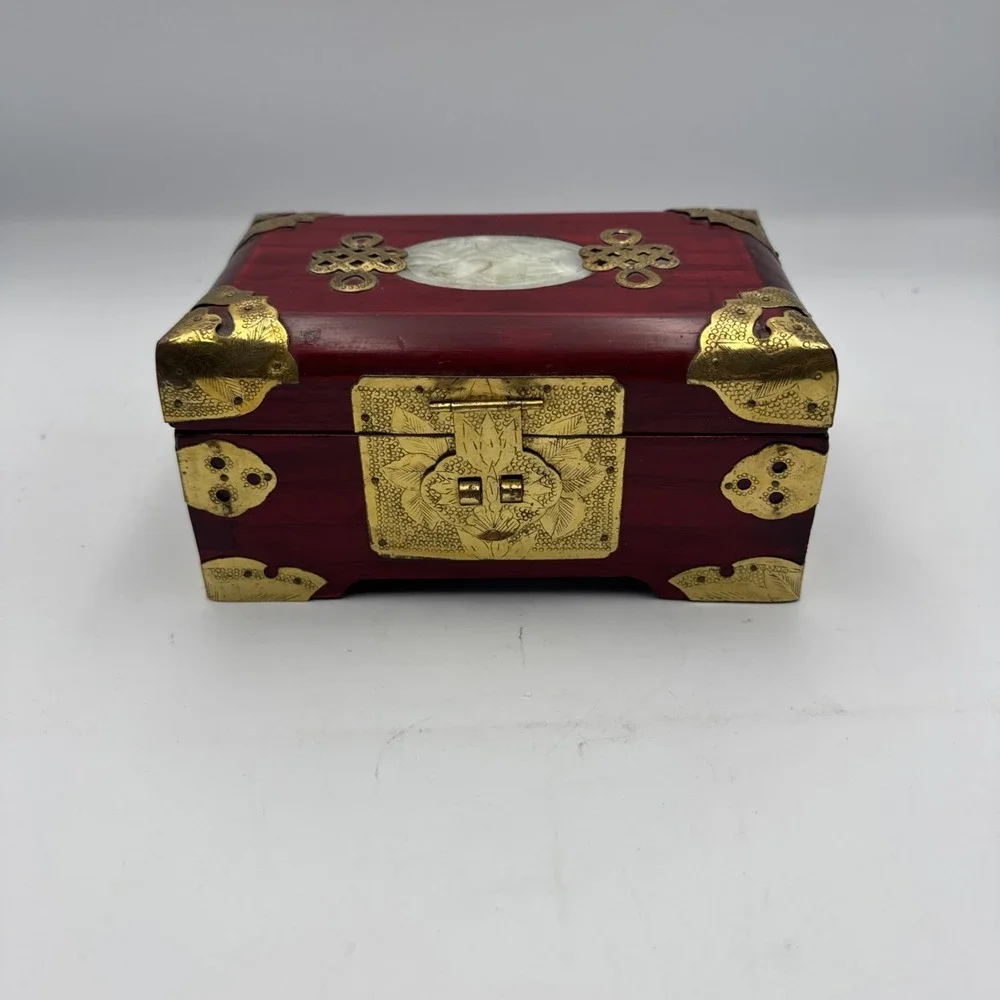 Vintage Chinese Rosewood Jewelry Box Jade Inlay Brass & Silk Accents